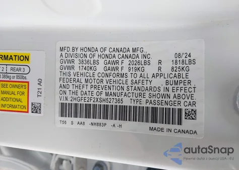 2025 Honda Civic Lx из США, поврежденный, VIN 2HGFE2F2XSH527365